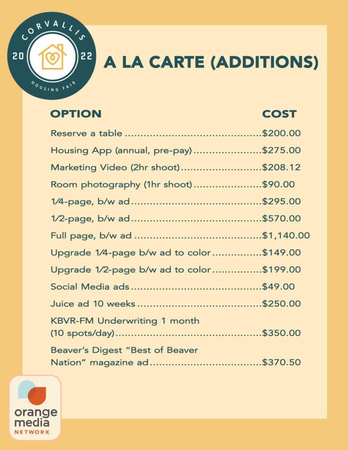 A menu of different marketing options and associated pricing.